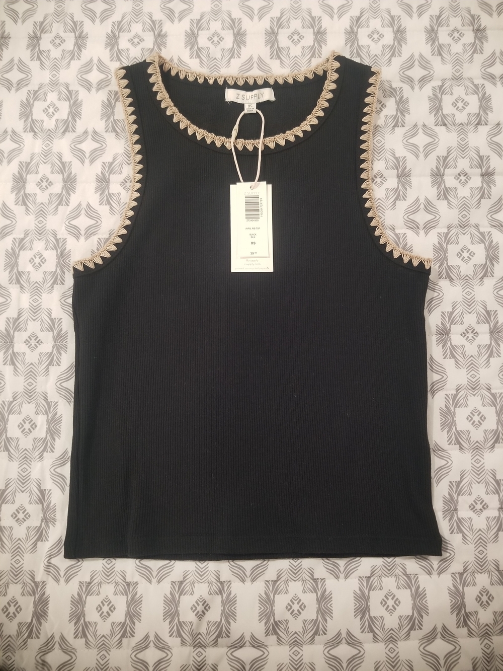 Z Supply Black Ribbed Tank with Cream Trim Accent - Picture 2 of 5